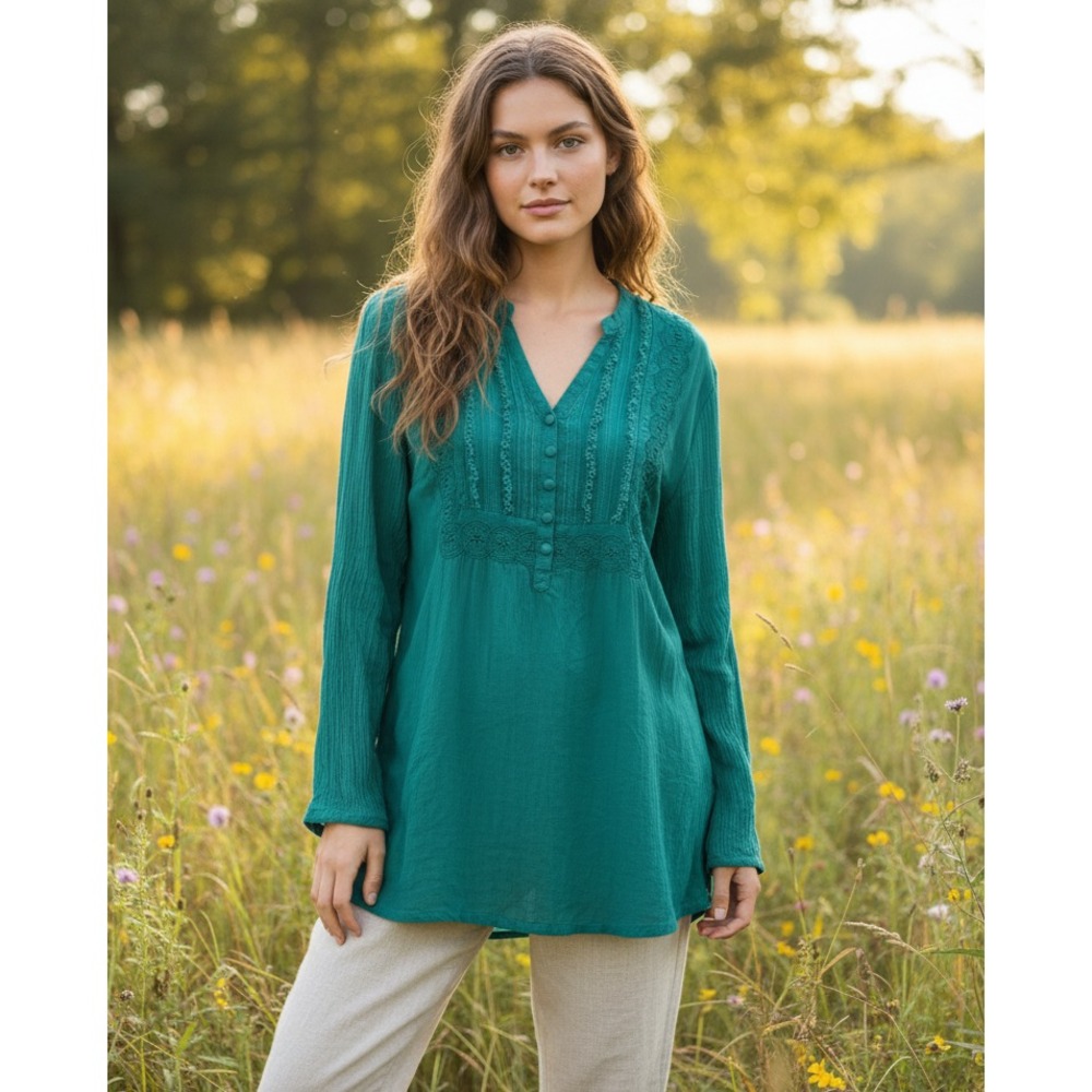 Suzette M Top Womens Teal Green Fringe Embroidered Boho Coastal Cottage Fairy